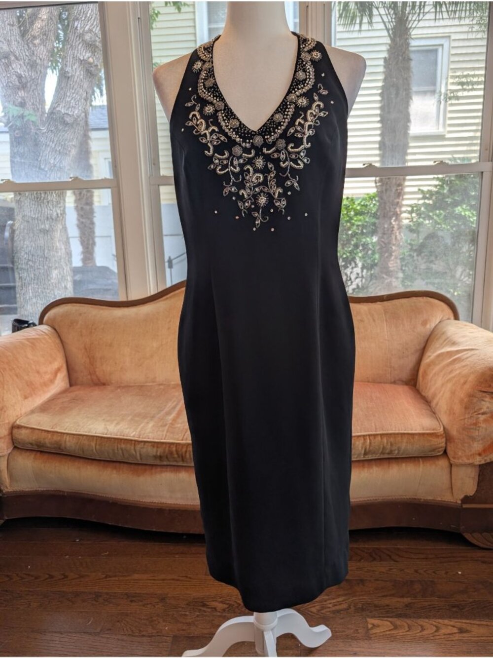 Vintage Sandra Darren Black Halter Cocktail Evening Dress Size 10 Embellished